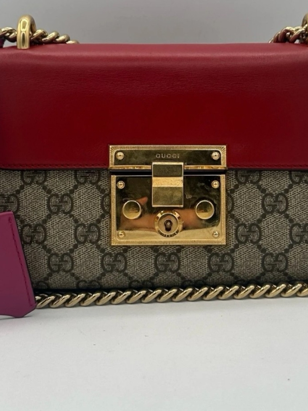 Gucci Red Leather & GG Canvas Shoulder Bag with Gold Hardware